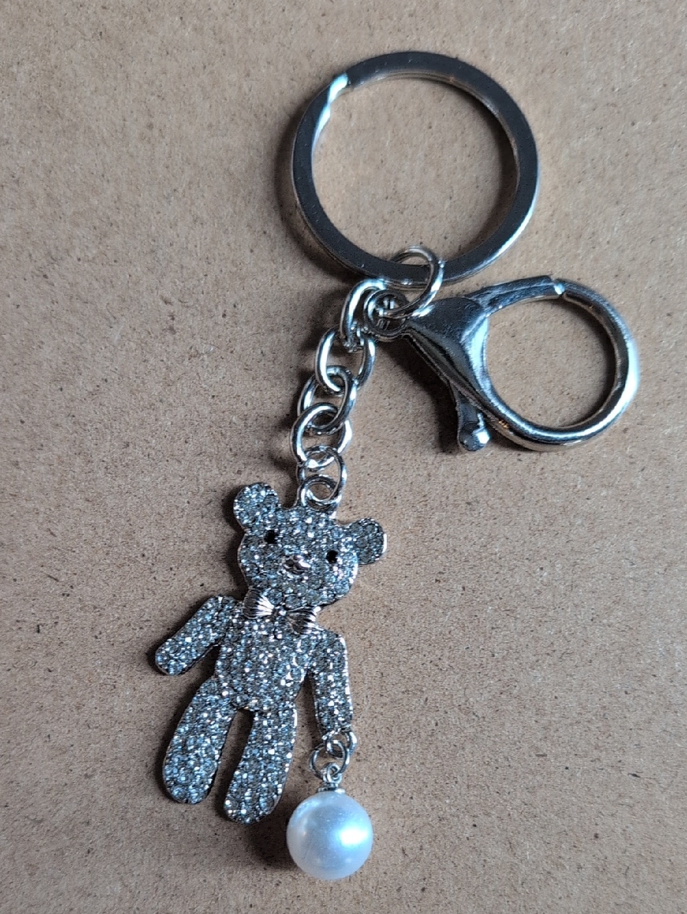 Silver Crystal Teddy Bear Keychain with Pearl Charm